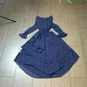 Shein Women's Blue Button Front Tie Belt Bell Sleeves Knee Length Dress Size XS